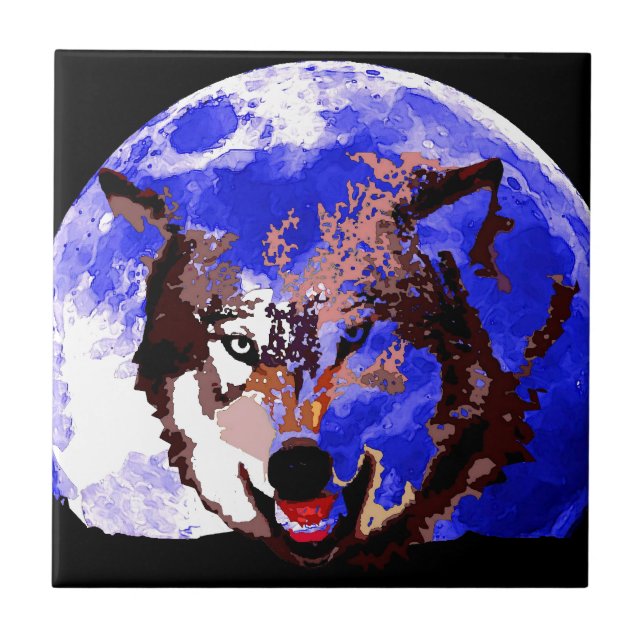 Azulejo De Cerámica Lobo y luna llena (Frente)