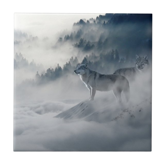 Azulejo De Cerámica Lobos majestuosos en la niebla forestal (Frente)