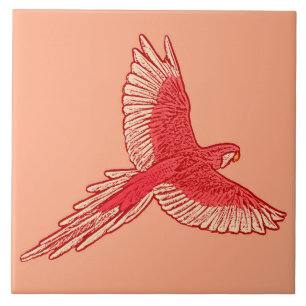 Azulejo De Cerámica Loro en vuelo, Coral Naranja y Cream