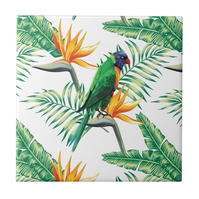 Azulejo De Cerámica Loro Verde naranja Y Flores (Frente)