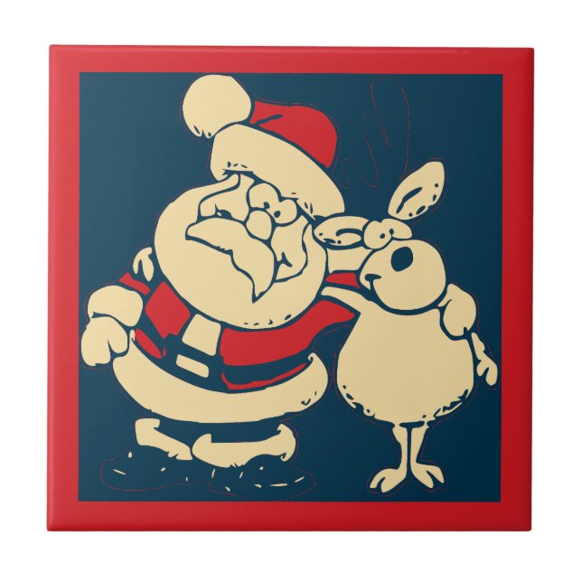 Azulejo De Cerámica Los Navidades retro Santa y su amigo reno (Frente)