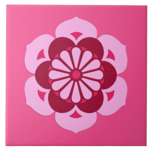 Azulejo De Cerámica Lotus Flower Mandala, rosa Fuchsia y Borgoña