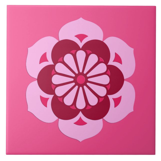 Azulejo De Cerámica Lotus Flower Mandala, rosa Fuchsia y Borgoña (Frente)