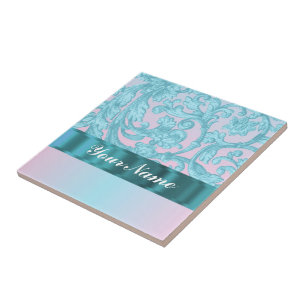 Azulejo De Cerámica Lugar adamascado rosa y azul pálido
