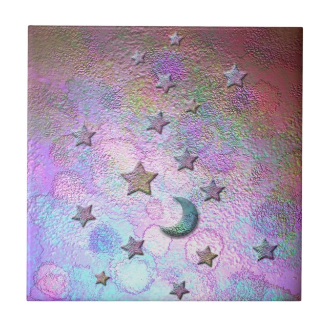 Azulejo De Cerámica Lunas y estrellas místicas metálicas Pastel (Frente)