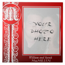 Azulejo De Cerámica M Monograma "Blanco encaje sobre rojo" con foto - 