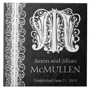 Azulejo De Cerámica M Monograma "Lazo blanco sobre negro" Boda Tile