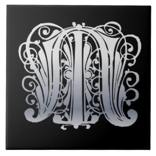 Azulejo De Cerámica M Monograma Silver Lace en mosaico negro de cerámi