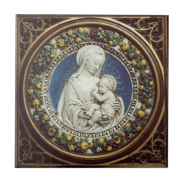 AZULEJO DE CERÁMICA MADONNA CON CORONA FLORAL DE RENACIMIENTO INFANTIL (Frente)