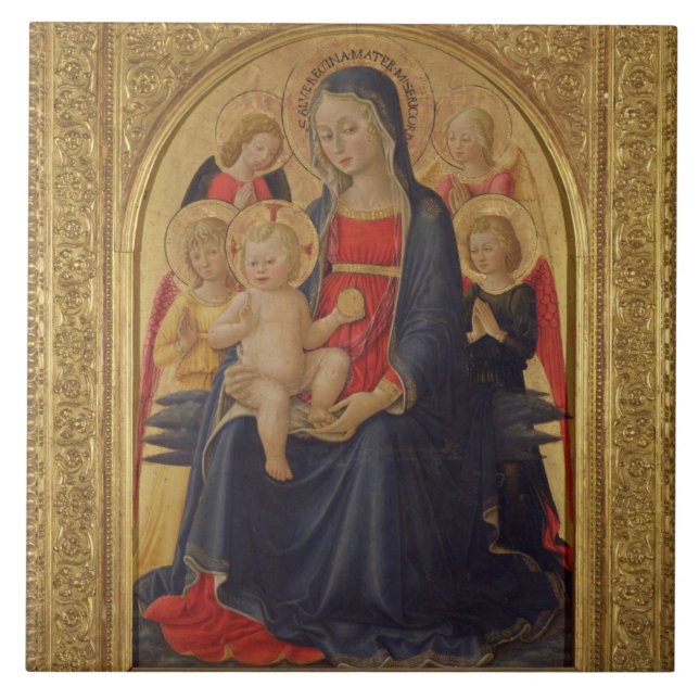 Azulejo De Cerámica Madonna y niño con los ángeles, c.1467 (aceite en (Frente)