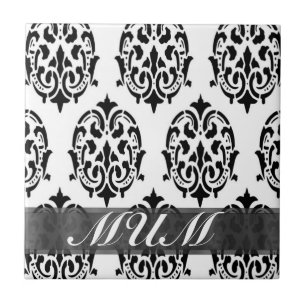 Azulejo De Cerámica Madre personalizada de damasco blanco y negro