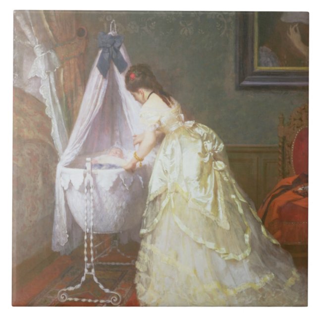 Azulejo De Cerámica Madre y bebé, 1869 (aceite en el panel) (Frente)