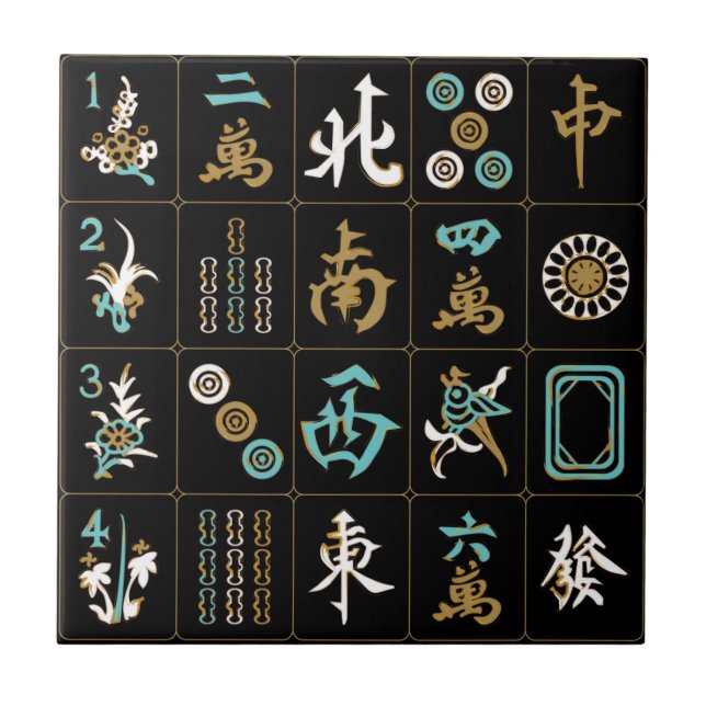 Azulejo De Cerámica Mah Jongg Black/Aqua/Sand Tile (Frente)