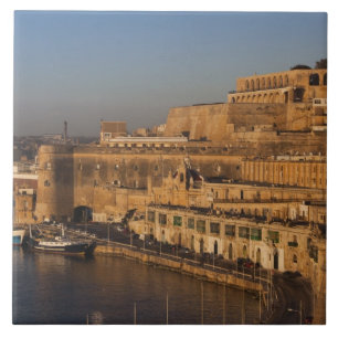 Azulejo De Cerámica Malta, Valletta, vista del puerto desde Lower Barr