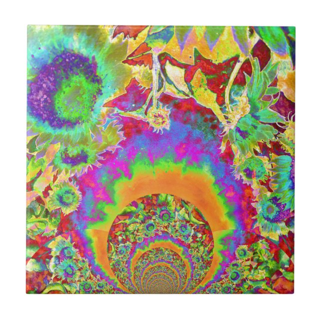 Azulejo De Cerámica Mandala de girasol retro colorido (Frente)