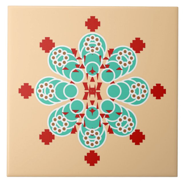 Azulejo De Cerámica Mandala de ocho puntos: turquesa y melocotón (Frente)