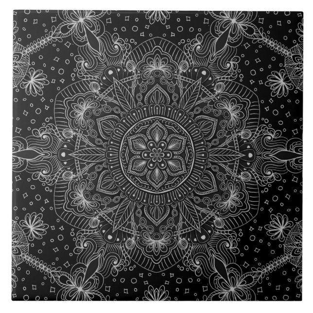 Azulejo De Cerámica Mandala oriental del zen blanco y negro (Frente)