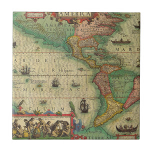 Azulejo De Cerámica Mapa Antiguo del Mundo de las Américas de Hondius