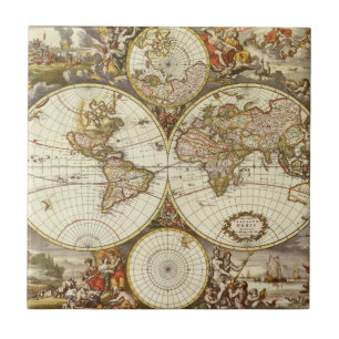 Azulejo De Cerámica Mapa Antiguo del Mundo por Frederick de Wit, c. 16