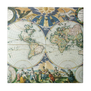 Azulejo De Cerámica Mapa Antiguo del Mundo Vintage por Pieter Goos, 16