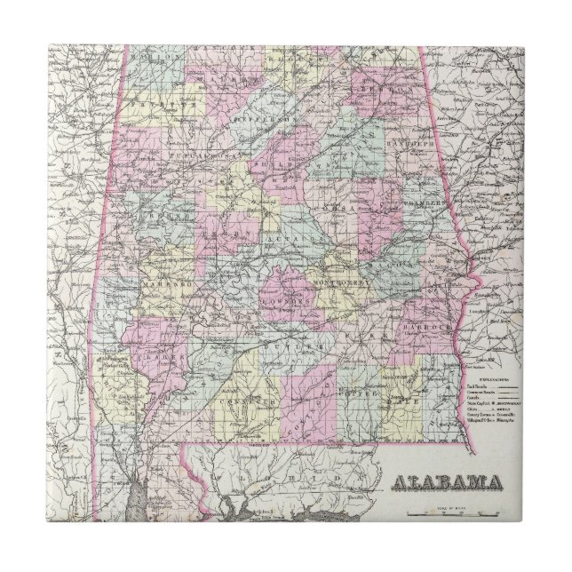 Azulejo De Cerámica Mapa de época de Alabama (1855) (Frente)