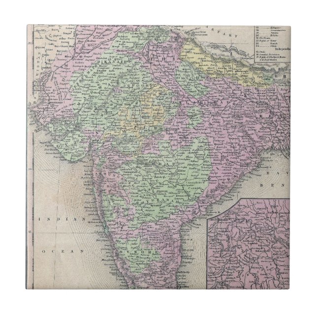 Azulejo De Cerámica Mapa de época de la India (1853) (Frente)