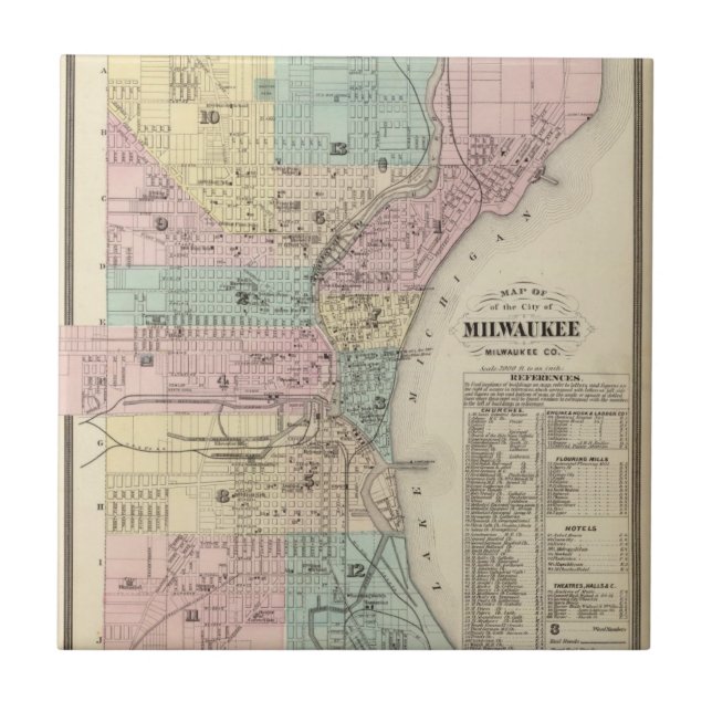 Azulejo De Cerámica Mapa de la ciudad de Milwaukee, Milwaukee Co (Frente)