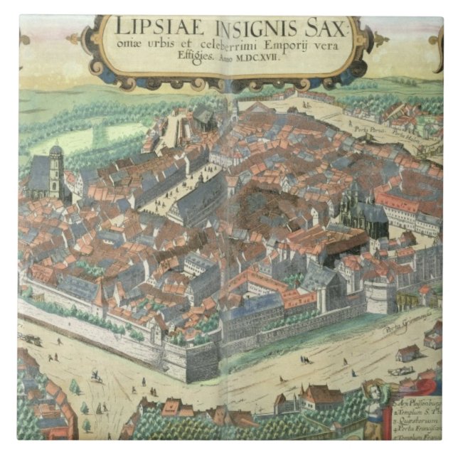 Azulejo De Cerámica Mapa de Leipzig, de "Civitates Orbis Terrarum" (Frente)