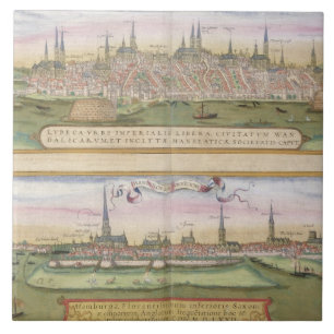 Azulejo De Cerámica Mapa de Lubeck y de Hamburgo, de 'Civitates Orbis