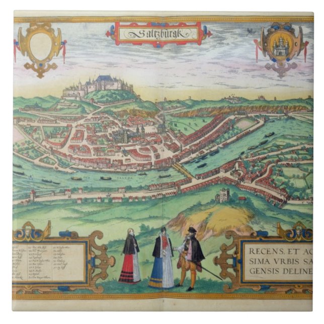 Azulejo De Cerámica Mapa de Salzburg, de "Civitates Orbis Terrarum" b (Frente)
