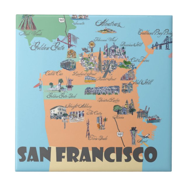 Azulejo De Cerámica Mapa de San Francisco California (Frente)