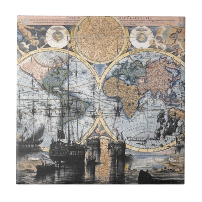 Azulejo De Cerámica Mapa de Viejo Mundo - hacia fuera al mar (Frente)