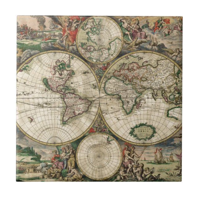 Azulejo De Cerámica Mapa del vintage del mundo (1689) (Frente)