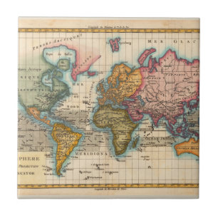 Azulejo De Cerámica Mapa Mundial 1780 Planisferio Antiguo de Bonne 
