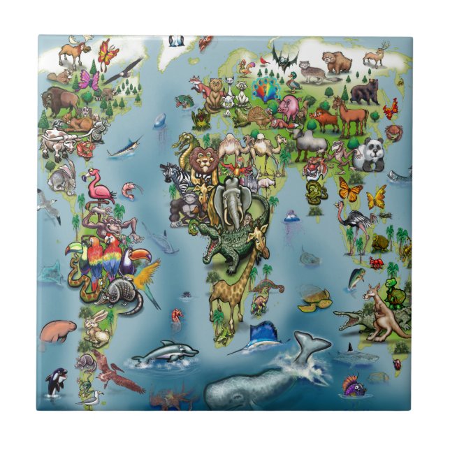 Azulejo De Cerámica Mapa mundial de animales (Frente)