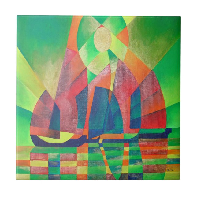 Azulejo De Cerámica Mar de Verde con basura abstracta cubista (Frente)