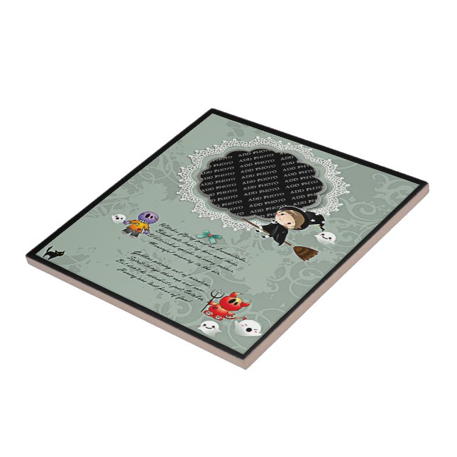 Azulejo De Cerámica Marco fotográfico con bruja, monstruos, fantasma,  (Lado)