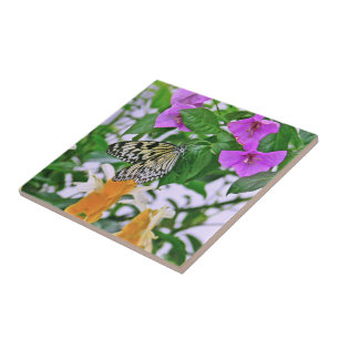 AZULEJO DE CERÁMICA "MARIPOSA BLANCA Y NEGRA EN JARDÍN"