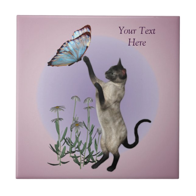 Azulejo De Cerámica Mariposa De Gato Siamesa Y Daisies (Frente)