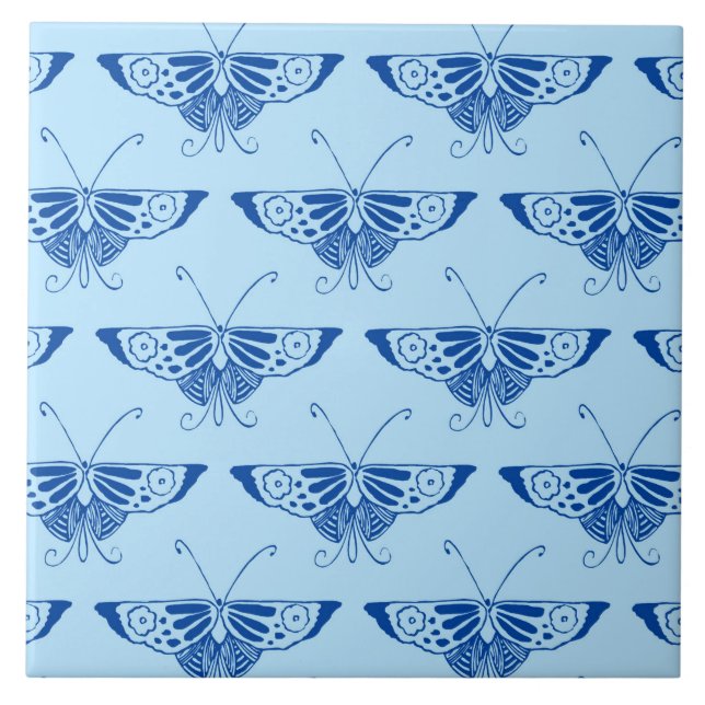 Azulejo De Cerámica Mariposa Deco estilizada - cobalto y azul pálido (Frente)