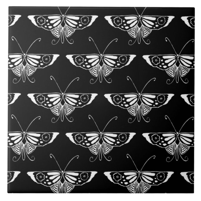 Azulejo De Cerámica Mariposa estilizada de Deco - blanco y negro (Frente)