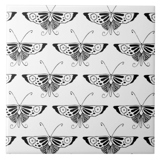Azulejo De Cerámica Mariposa estilizada de Deco - blanco y negro (Frente)
