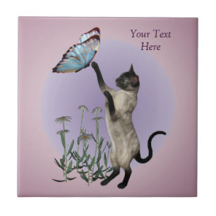 Azulejo De Cerámica Mariposa y margaritas del gato siamés