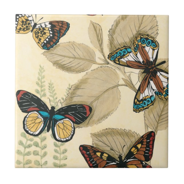 Azulejo De Cerámica Mariposas brillando sobre hojas (Frente)