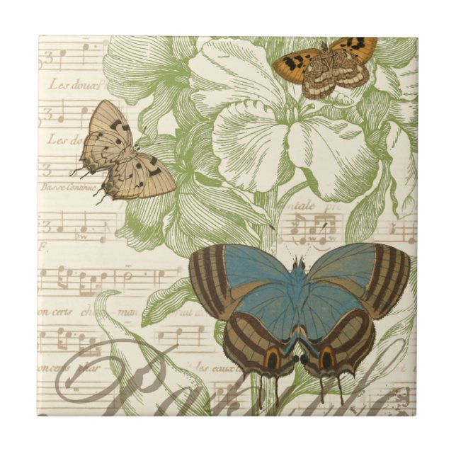 Azulejo De Cerámica Mariposas en la música de hojas con diseño floral (Frente)