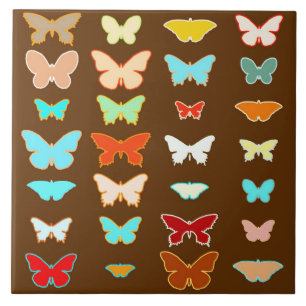 Azulejo De Cerámica Mariposas, marrones, turquesa y coral