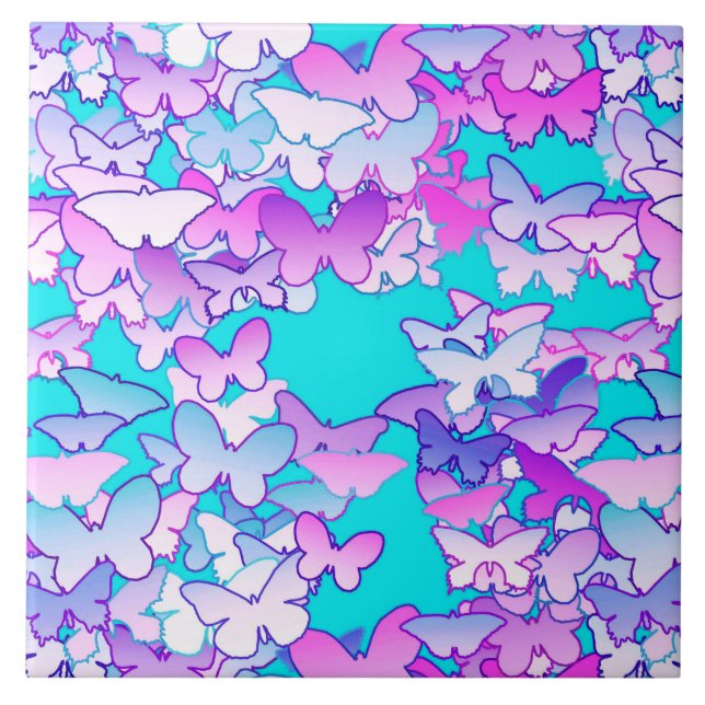 Azulejo De Cerámica Mariposas, violeta y turquesa (Frente)
