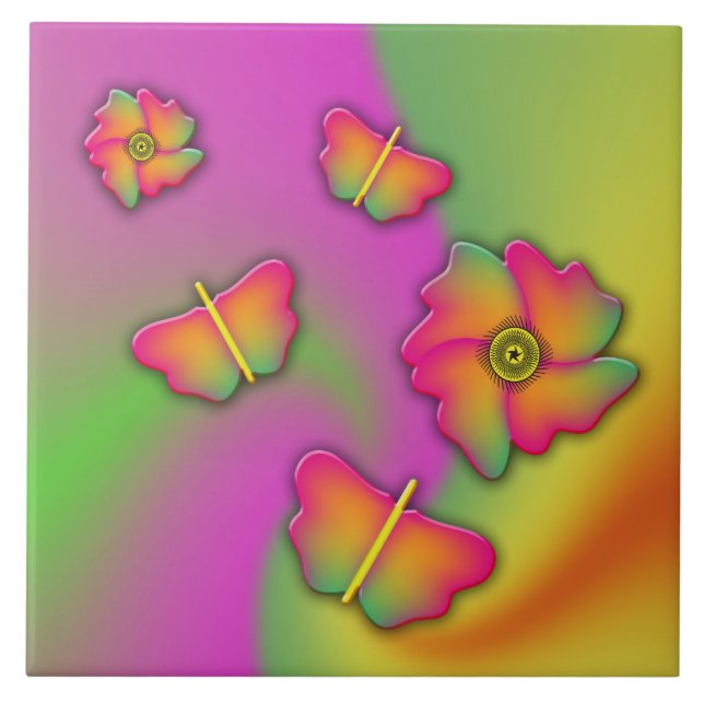 Azulejo De Cerámica Mariposas y flores (Frente)