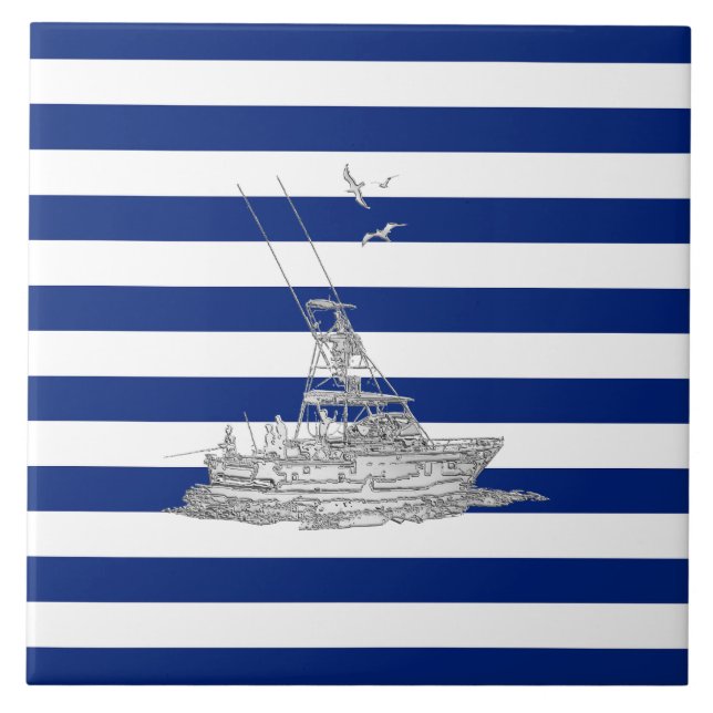 Azulejo De Cerámica Marlin Fishing Chrome en franjas náuticas (Frente)