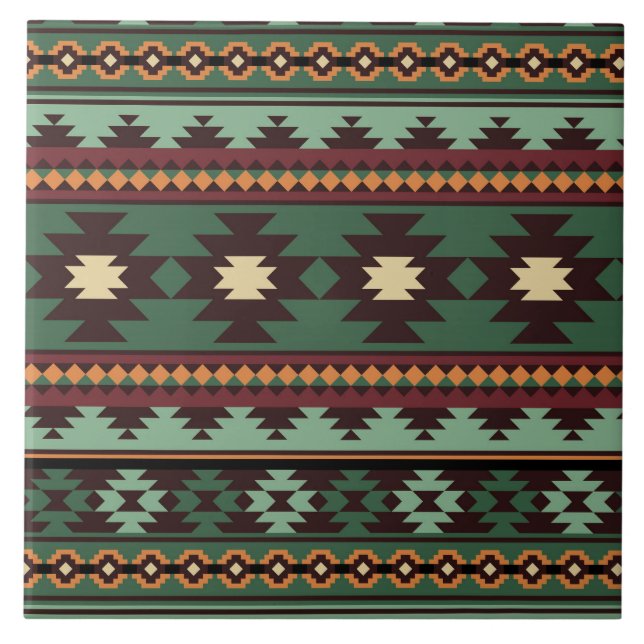 Azulejo De Cerámica Marrón verde tribal del suroeste (Frente)